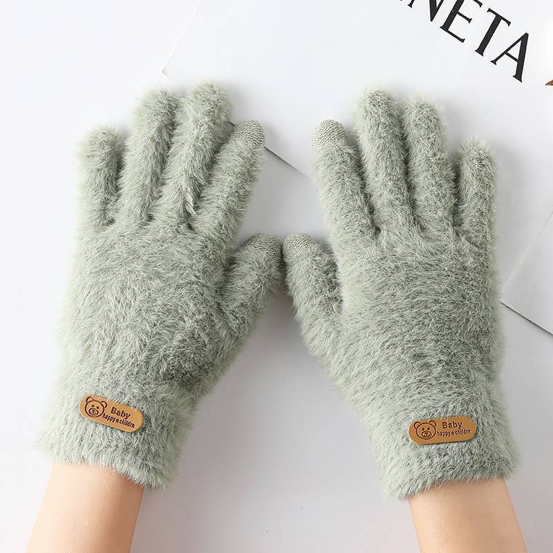 Green Autumn And Winter Men Thickening Warm Knitted Wool Fluff Gloves 